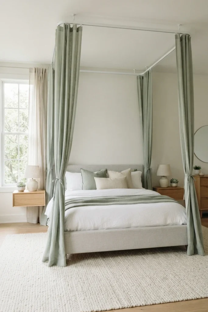 Canopy bed curtain ideas with sage green linen panels on a rectangular ceiling track around an upholstered bed with no posts
