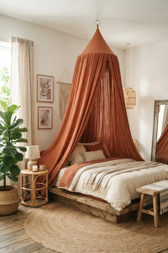 Canopy bed curtain ideas featuring a terracotta cotton gauze tent canopy hung from a single ceiling ring over a boho platform bed
