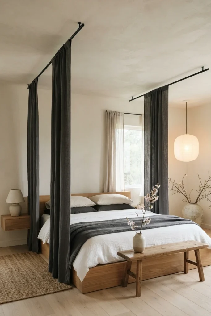 Canopy bed curtain ideas using charcoal linen panels on two ceiling-mounted black rods around a low oak bed in a Japandi bedroom
