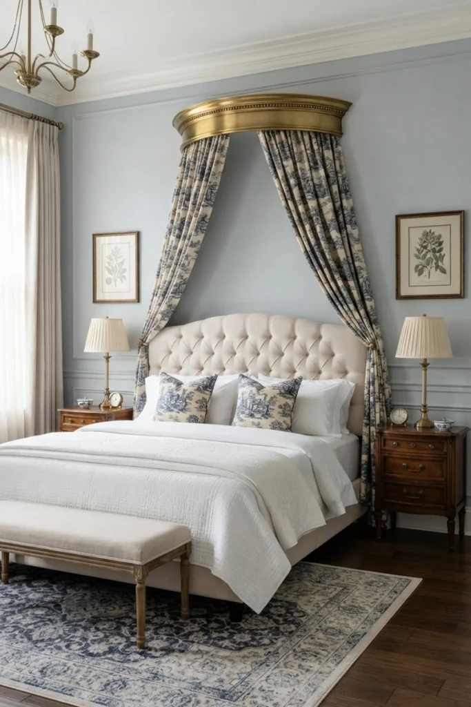 Canopy bed curtain ideas with navy and cream toile panels falling from a brass bed crown above a tufted headboard