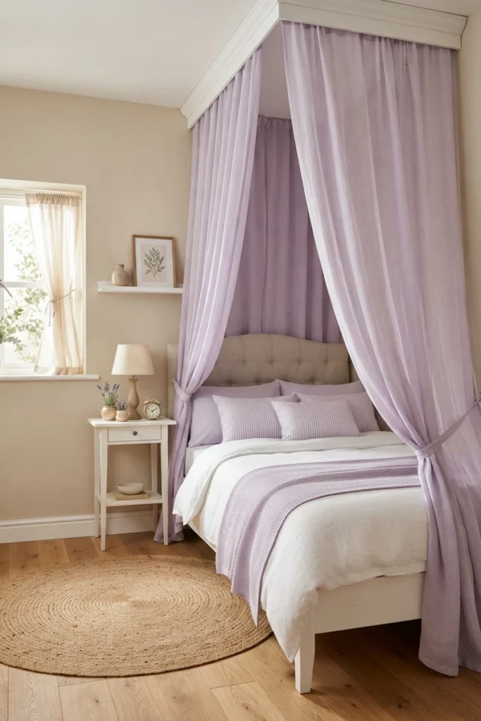 Canopy bed curtain ideas featuring soft lavender linen panels tied back from a white wall-mounted crown in a small bedroom