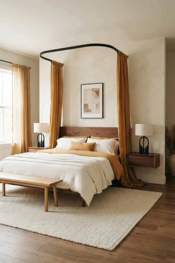 Canopy bed curtain ideas using ochre linen panels on a matte black curved wall bracket above a walnut headboard