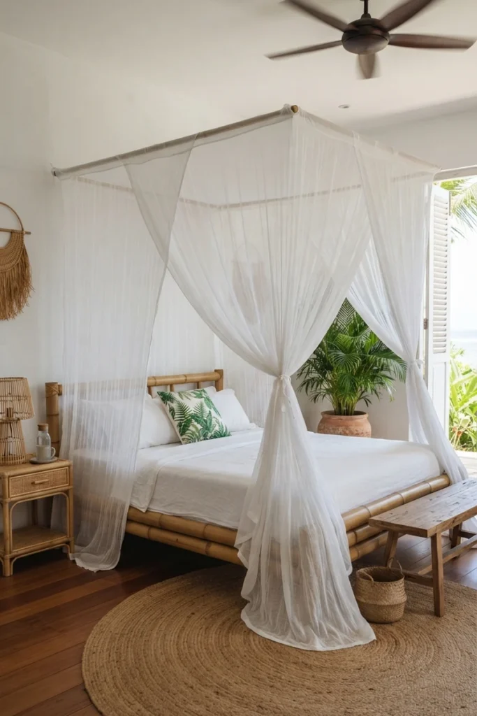 Canopy bed curtain ideas with a white mosquito-net mesh canopy knotted at the corners of a bamboo bed in a tropical bedroom