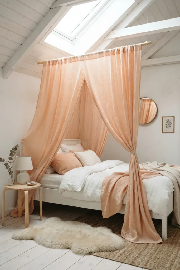 Canopy bed curtain ideas featuring soft peach cotton muslin draped from a wooden rod over a white bed in a Scandinavian attic