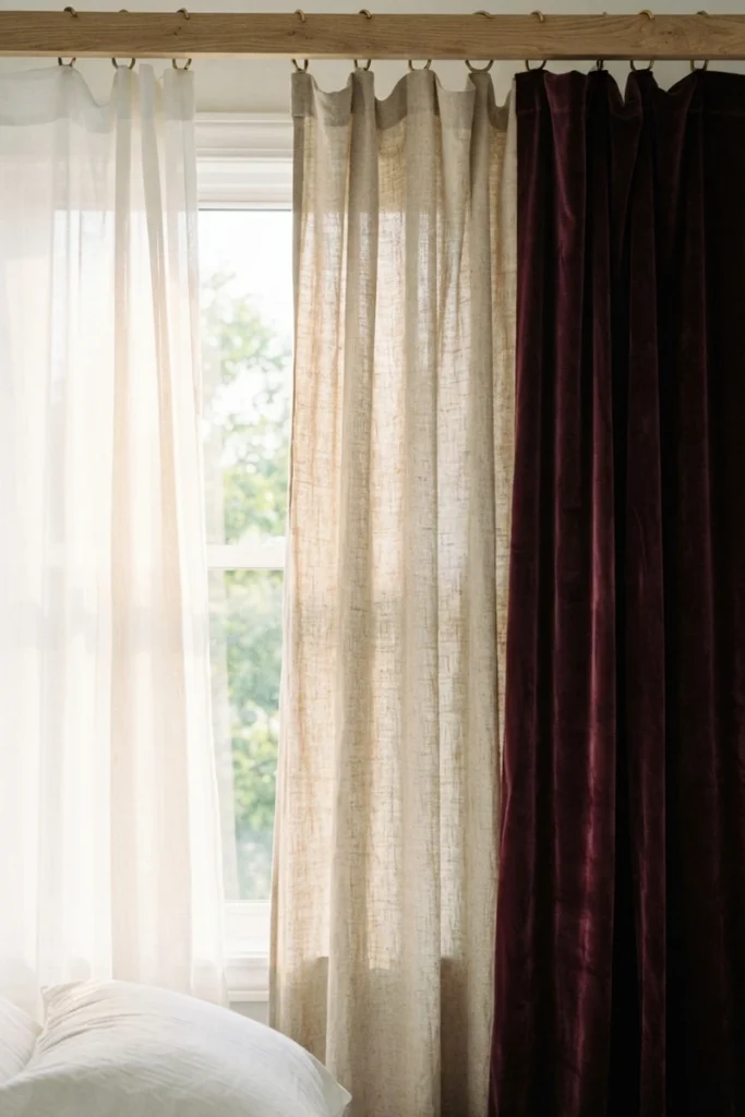Canopy bed curtain ideas comparing sheer white voile, natural linen and mulberry velvet canopy panels side by side in window light