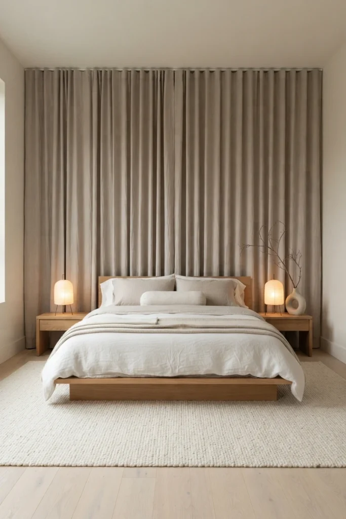 Canopy bed curtain ideas with a ceiling-to-floor mushroom taupe linen curtain wall behind a low oak bed in a Japandi bedroom