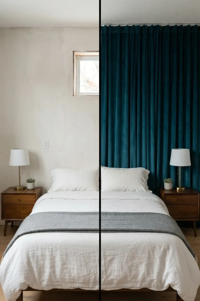 Canopy bed curtain ideas before and after, a plain wall with an off-center window versus a deep teal velvet curtain wall behind the bed