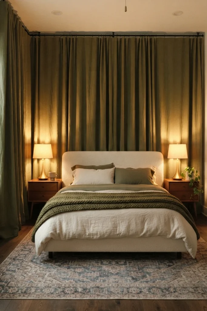 Canopy bed curtain ideas featuring olive green linen curtains wrapping the wall behind a cream bed in a cozy lamp-lit bedroom