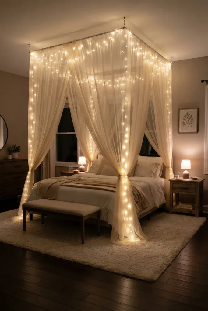 Canopy bed curtain ideas with a champagne sheer canopy glowing with warm white fairy lights woven along the frame at night