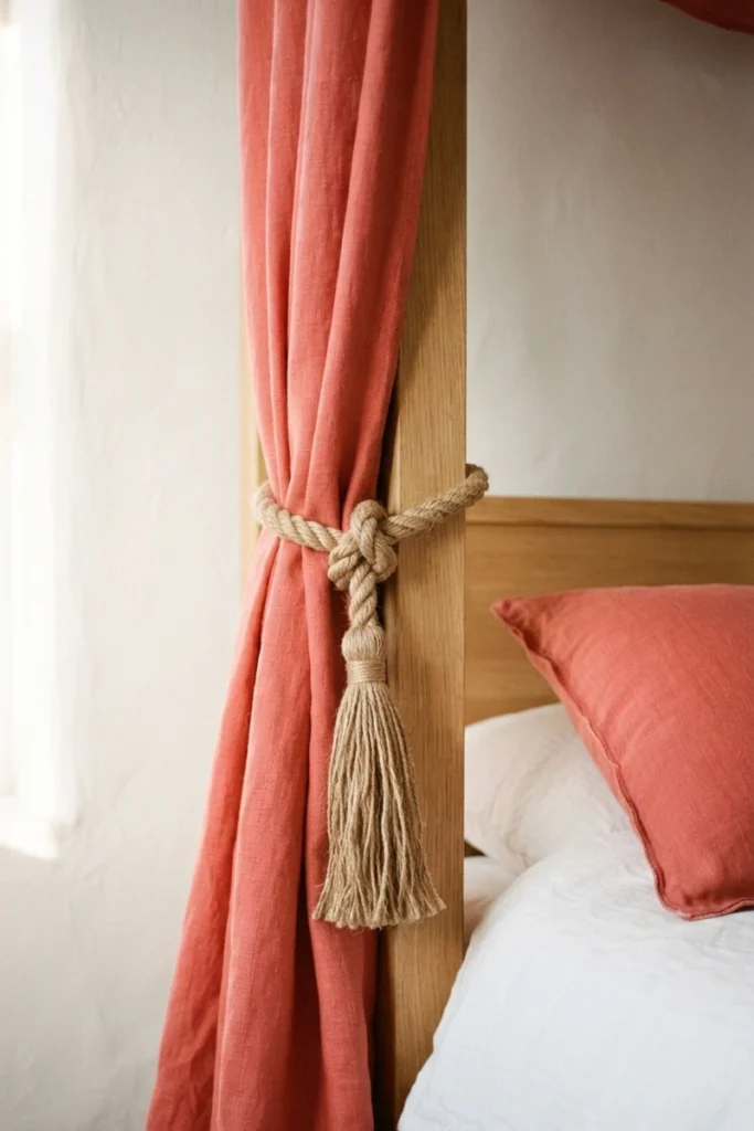 Canopy bed curtain ideas showing a coral linen panel tied to an oak bed post with a jute rope and tassel tieback