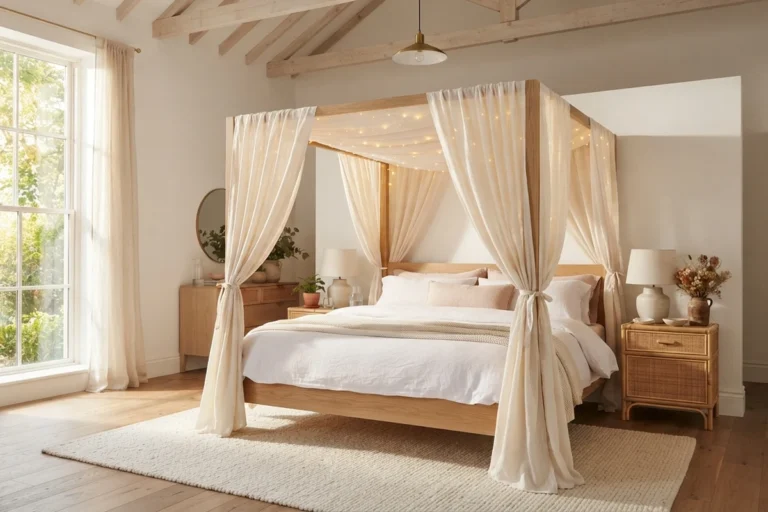 Canopy bed curtain ideas with ivory linen panels draped on a light oak four-poster bed with soft fairy lights in a sunny bedroom
