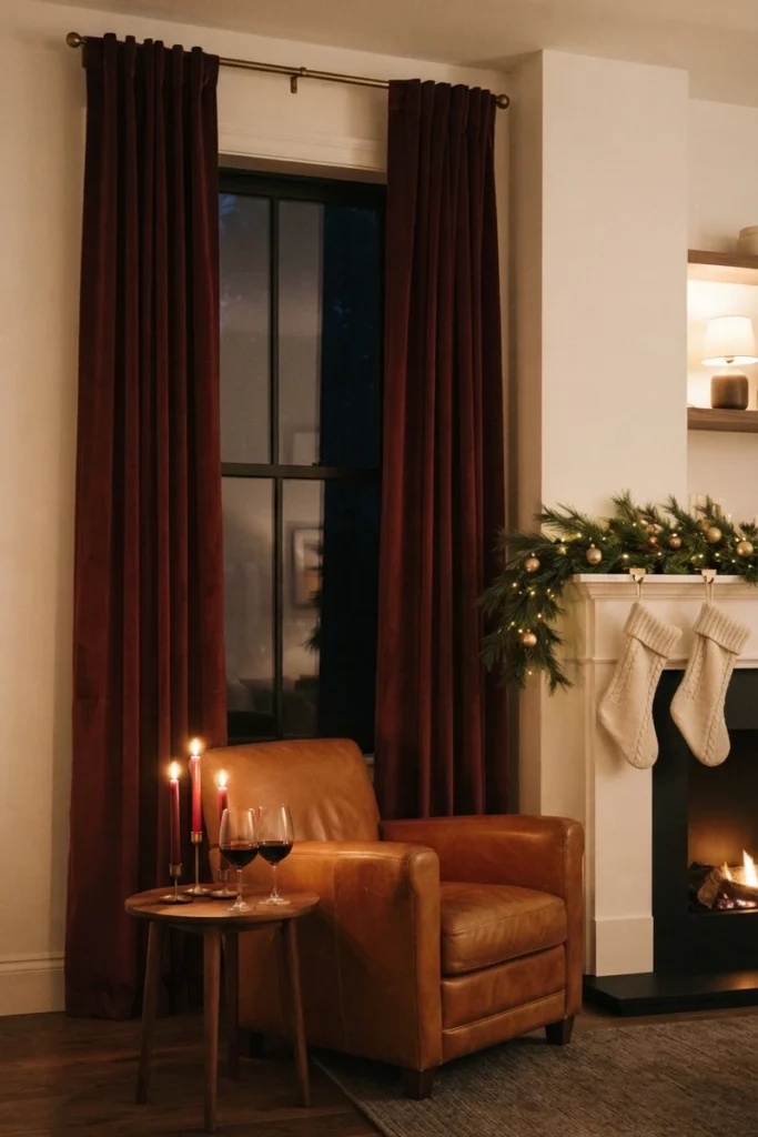Christmas curtain decor ideas with deep burgundy velvet curtains beside a fireplace hung with knit stockings and a candlelit table