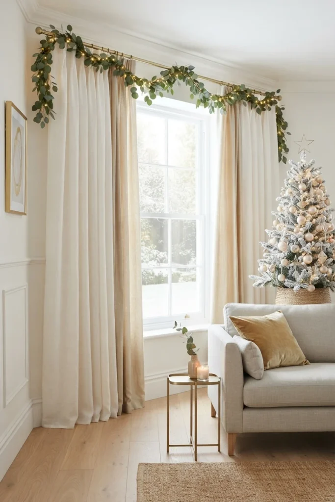 Christmas curtain decor ideas featuring champagne gold accent panels over ivory curtains with a lit garland and white flocked tree