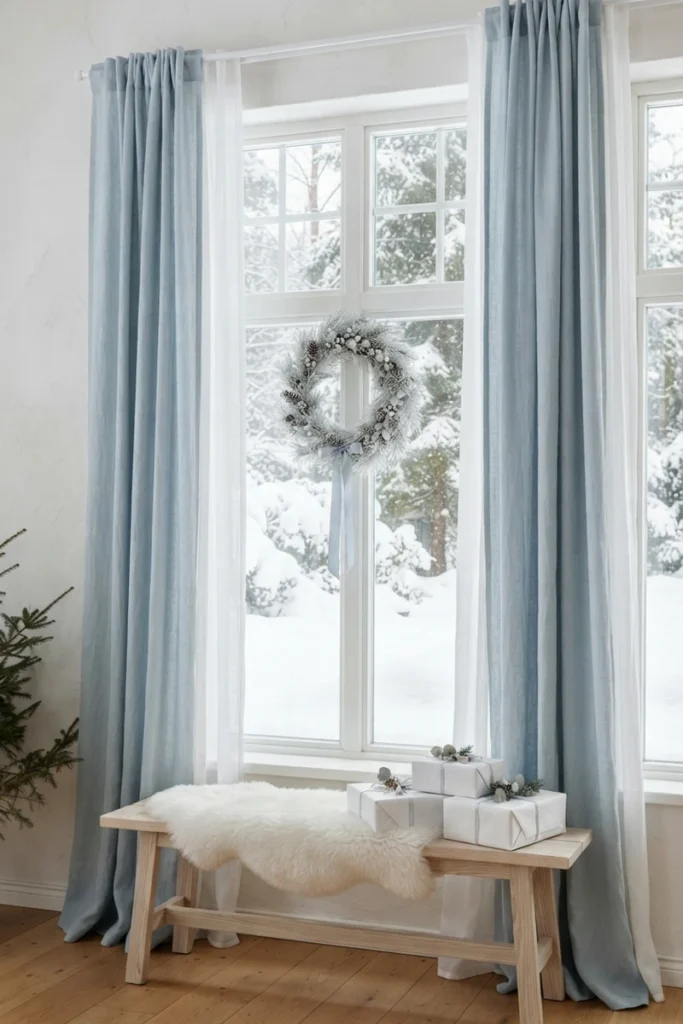 Christmas curtain decor ideas using icy blue linen curtains with a frosted window wreath and silver-wrapped gifts in a snowy room