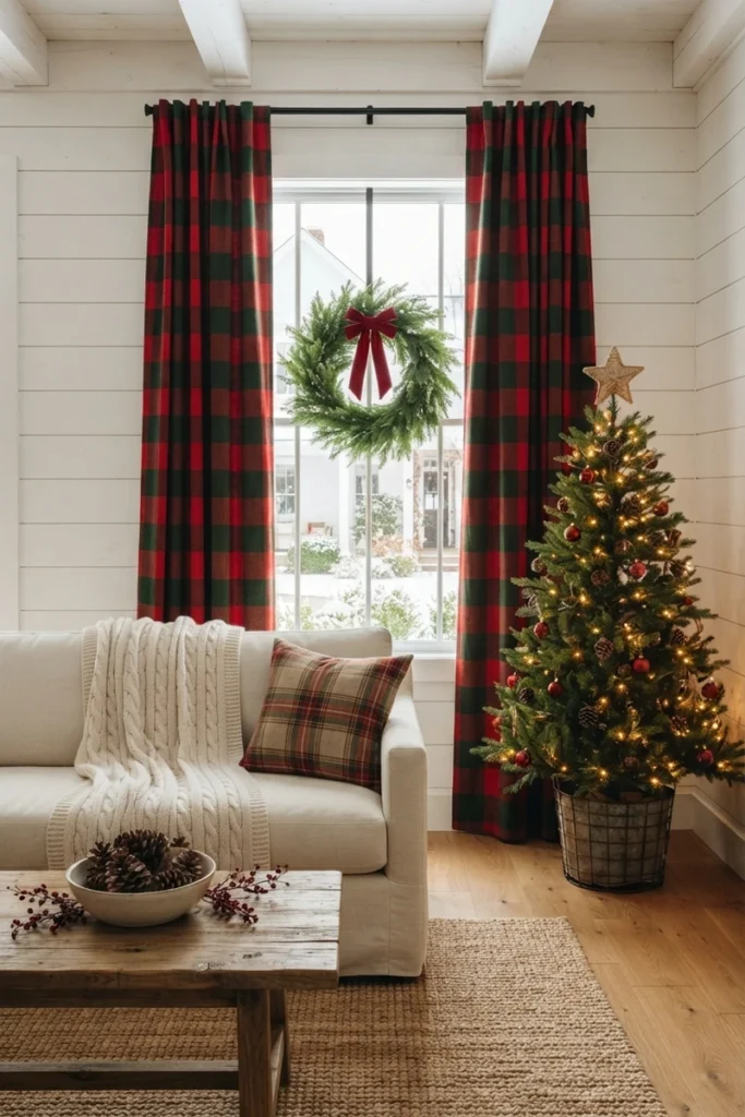 Christmas curtain decor ideas with red and green check curtains framing a window wreath beside a lit Christmas tree in a farmhouse room