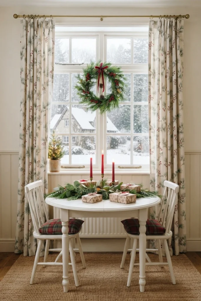 Christmas curtain decor ideas featuring cream curtains with a pine and red berry print around a wreathed window in a snowy breakfast nook