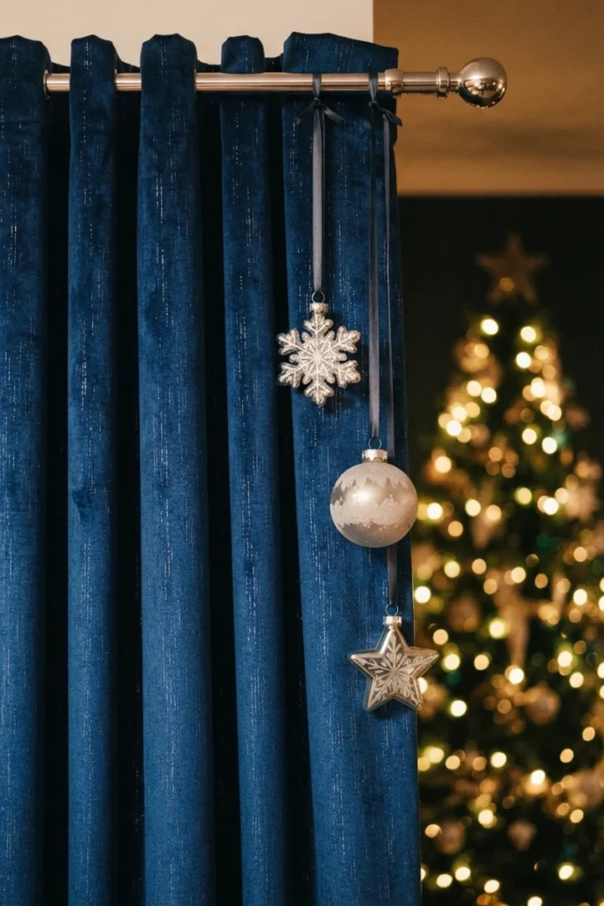 Christmas curtain decor ideas showing sapphire curtains woven with silver metallic thread and silver ornaments hung from the rod
