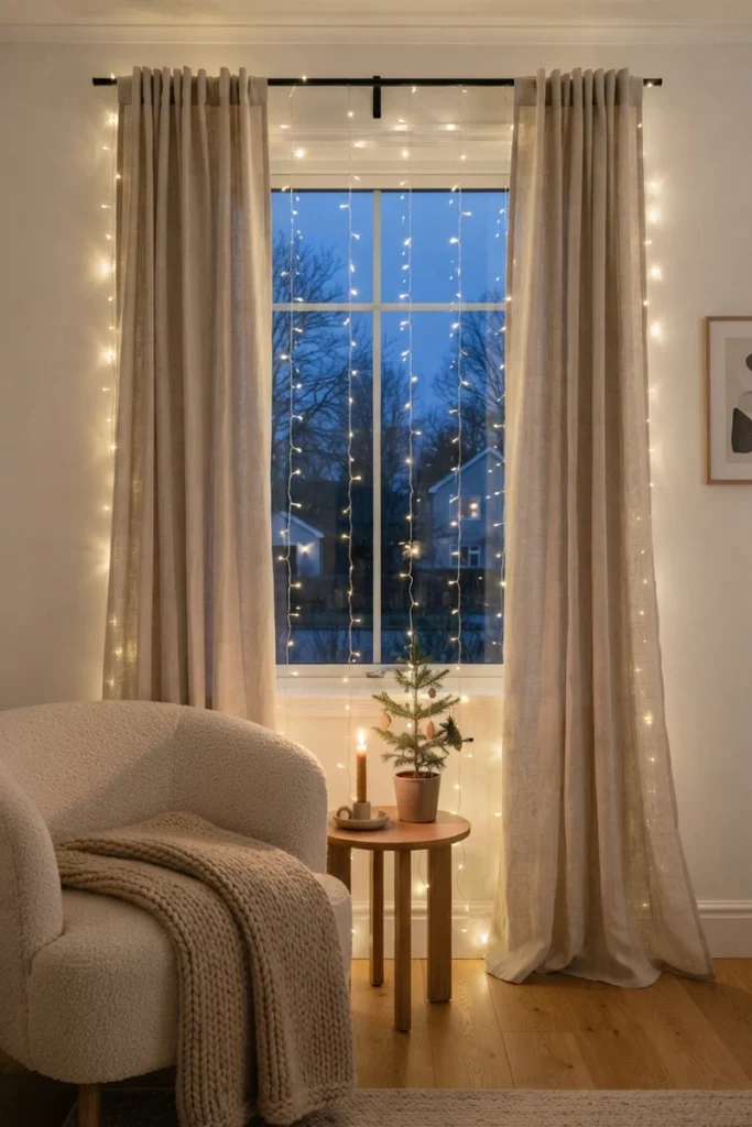 Christmas curtain decor ideas with warm white fairy lights cascading from the rod between oatmeal linen curtains at a dusk window