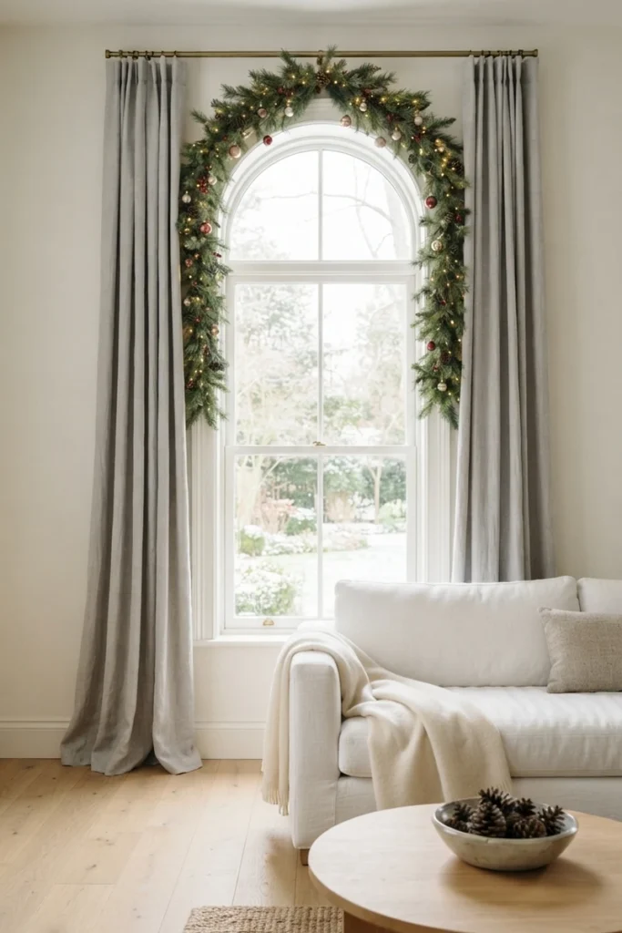Christmas curtain decor ideas featuring a lit pine garland with red and gold ornaments around an arched window with dove grey curtains