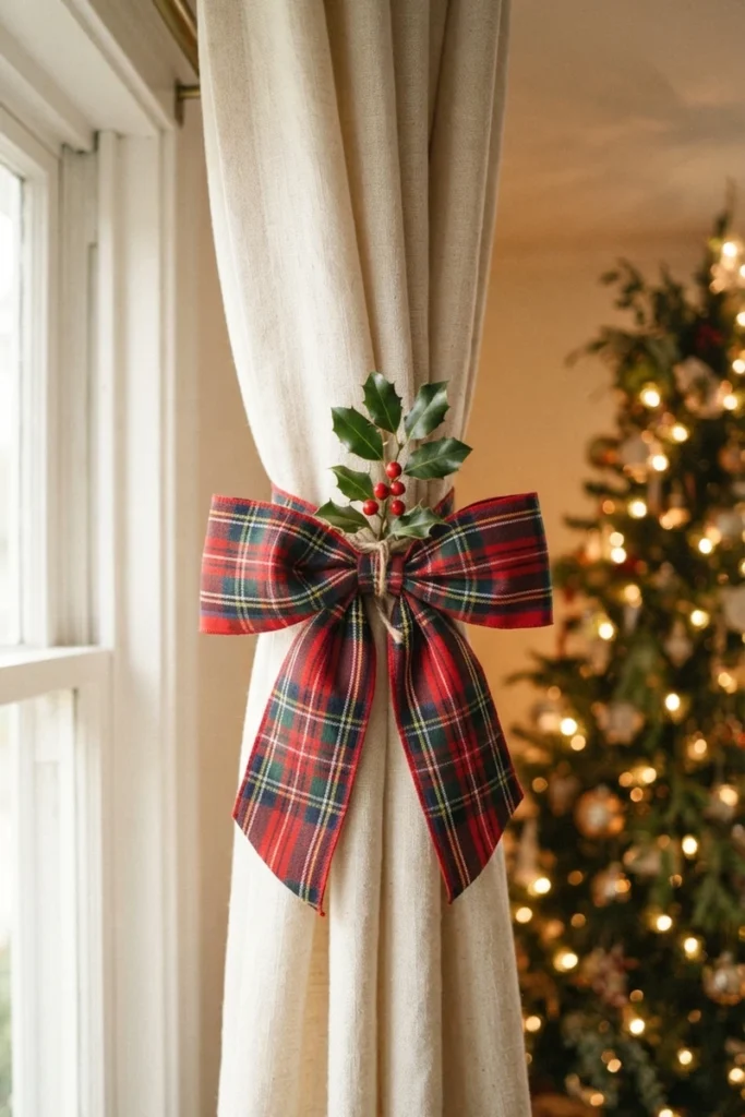 Christmas curtain decor ideas showing a red tartan ribbon bow with holly used as a festive tieback on a cream linen curtain