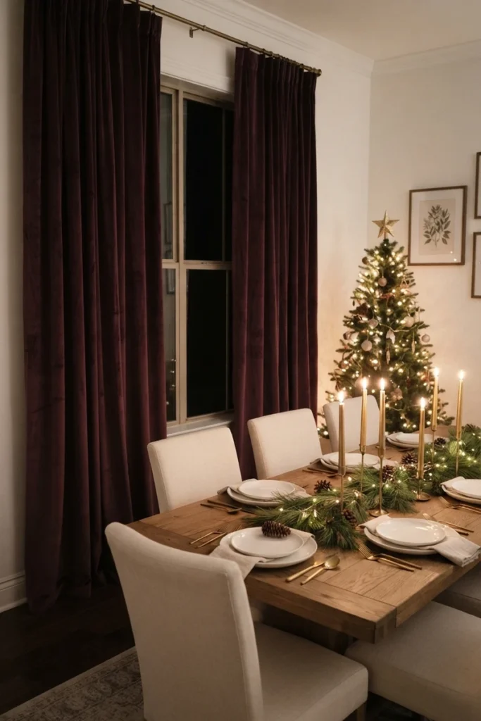 Christmas curtain decor ideas with deep plum velvet curtains in a dining room set for Christmas dinner with a pine runner and gold candles