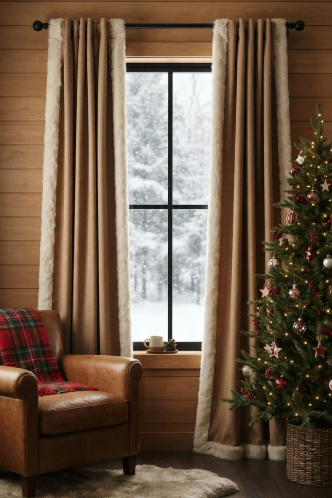 Christmas curtain decor ideas featuring camel wool curtains trimmed with cream faux fur beside a decorated tree in a snowy cabin
