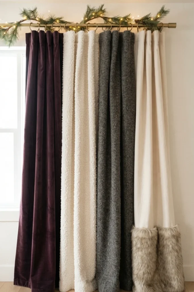 Christmas curtain decor ideas comparing plum velvet, ivory chenille, charcoal wool and faux fur trimmed curtain panels under a lit garland