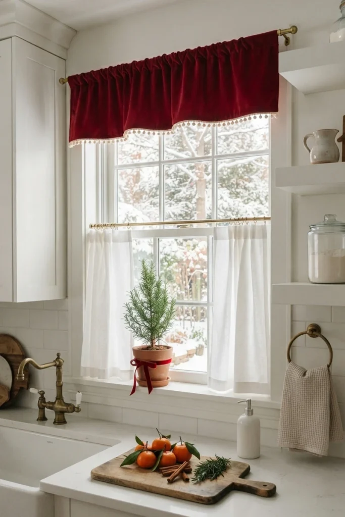 Christmas curtain decor ideas with a removable cranberry velvet valance with pom-pom trim above white café curtains in a snowy kitchen window