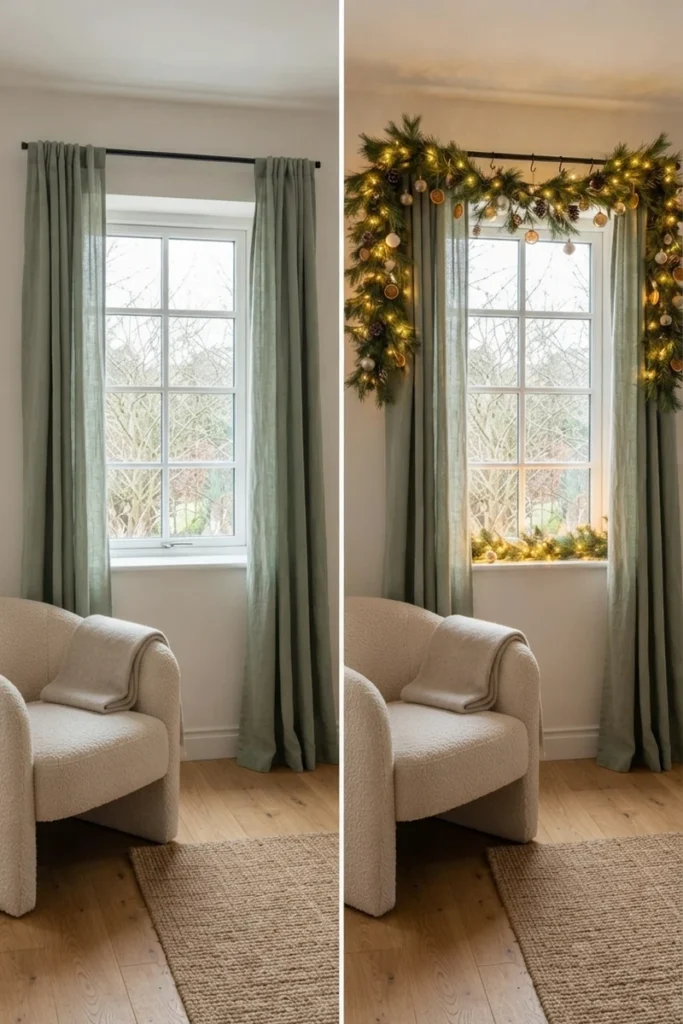 Christmas curtain decor ideas shown before and after, plain sage curtains versus the same curtains with a lit garland clipped onto the rod