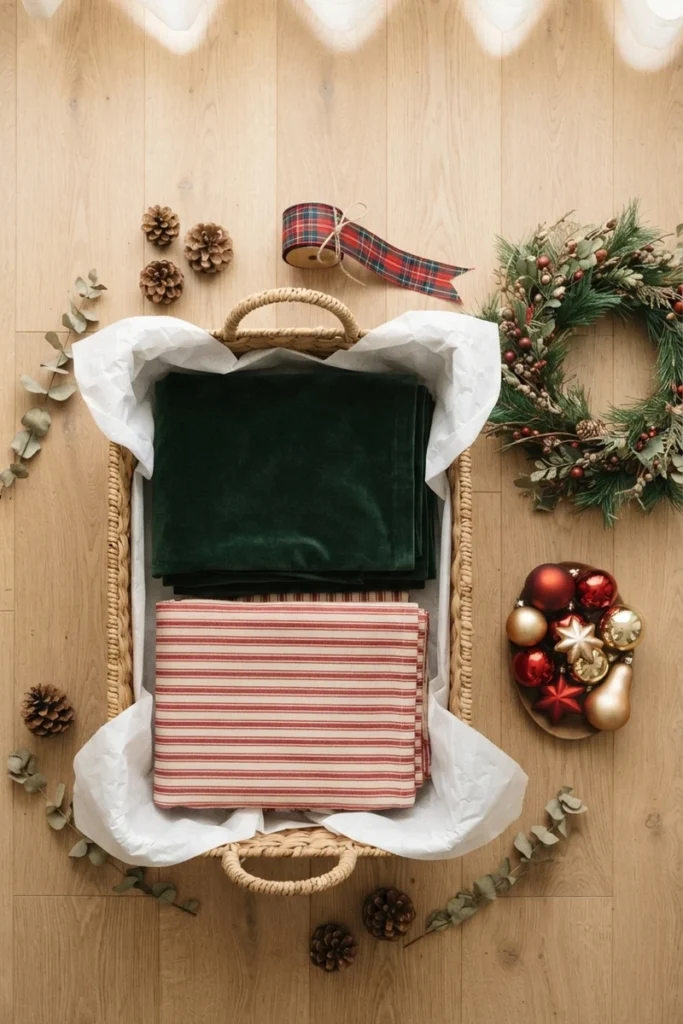 Christmas curtain decor ideas showing green velvet and red striped curtain panels folded flat in a storage basket beside a wreath and ornaments