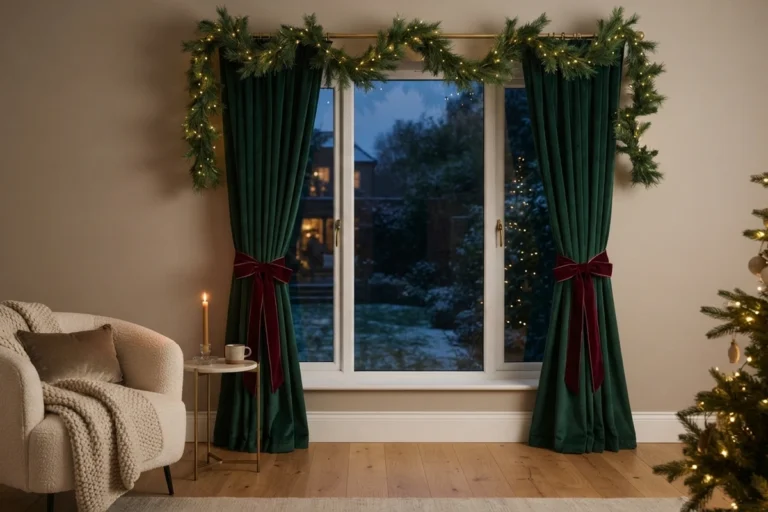 Christmas curtain decor ideas with emerald velvet curtains tied with burgundy bows under a lit pine garland at a snowy dusk window