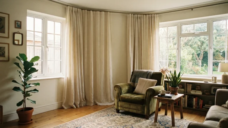 Corner window curtain solutions — continuous curtain wrapping two windows meeting at an angle