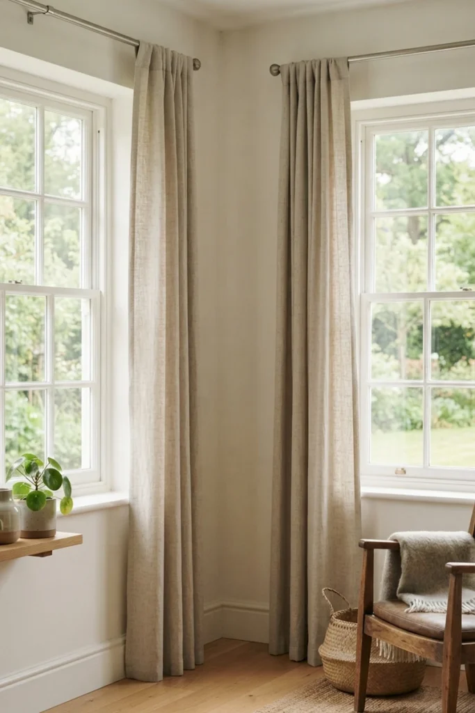 Two separate curtain rods treating each corner window independently with a visible gap at the corner