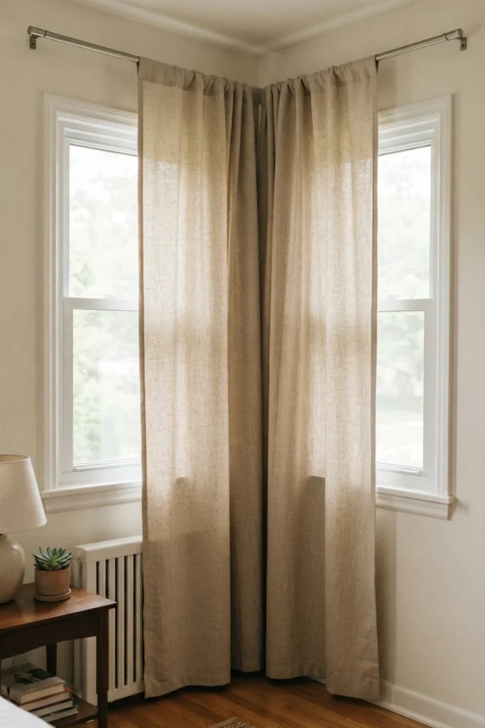 A single wide curtain panel bridging the gap between two corner windows