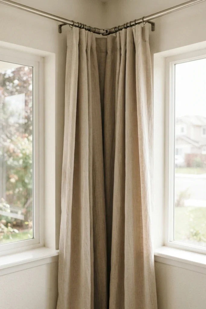 Corner-specific hinged curtain rod bending to wrap seamlessly around two windows meeting at an angle