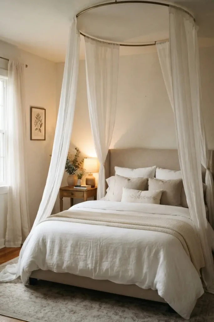 Round ceiling-mounted hoop with sheer fabric cascading symmetrically around a bed, creating a soft canopy effect