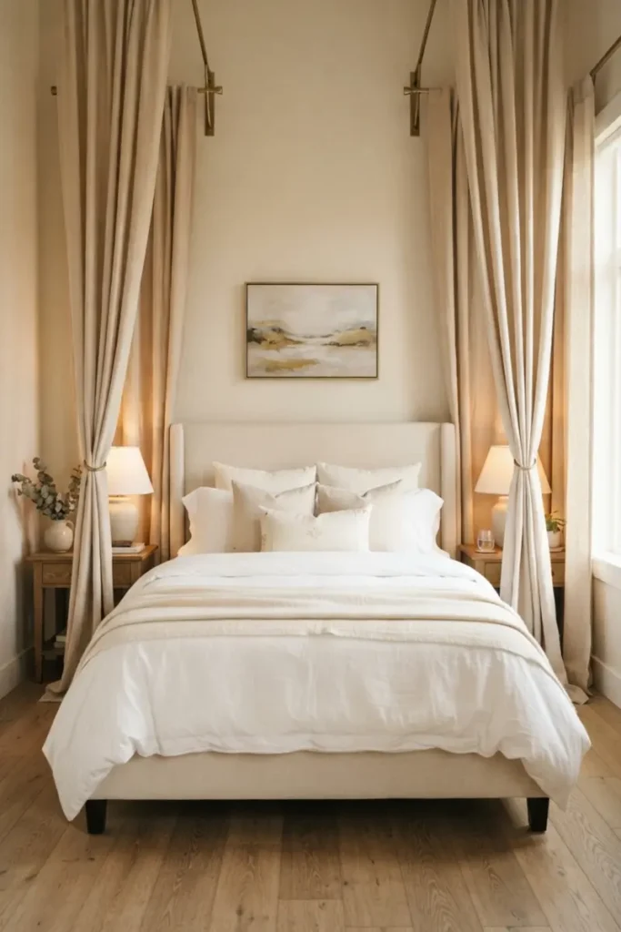 Two curtain panels mounted on wall brackets symmetrically flanking an upholstered headboard