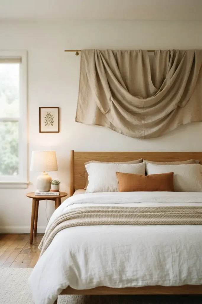 Single wide fabric panel gathered in a soft swag drape above a low wood headboard