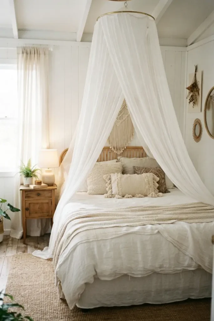 Sheer fabric hung from a small ceiling ring, draping loosely around the pillows for a soft, dreamy bohemian look