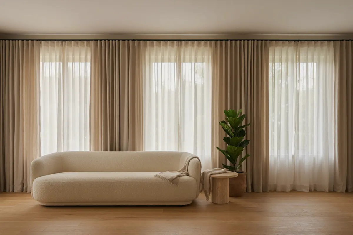 Bright living room with soft sheer and linen curtains covering floor-to-ceiling windows
