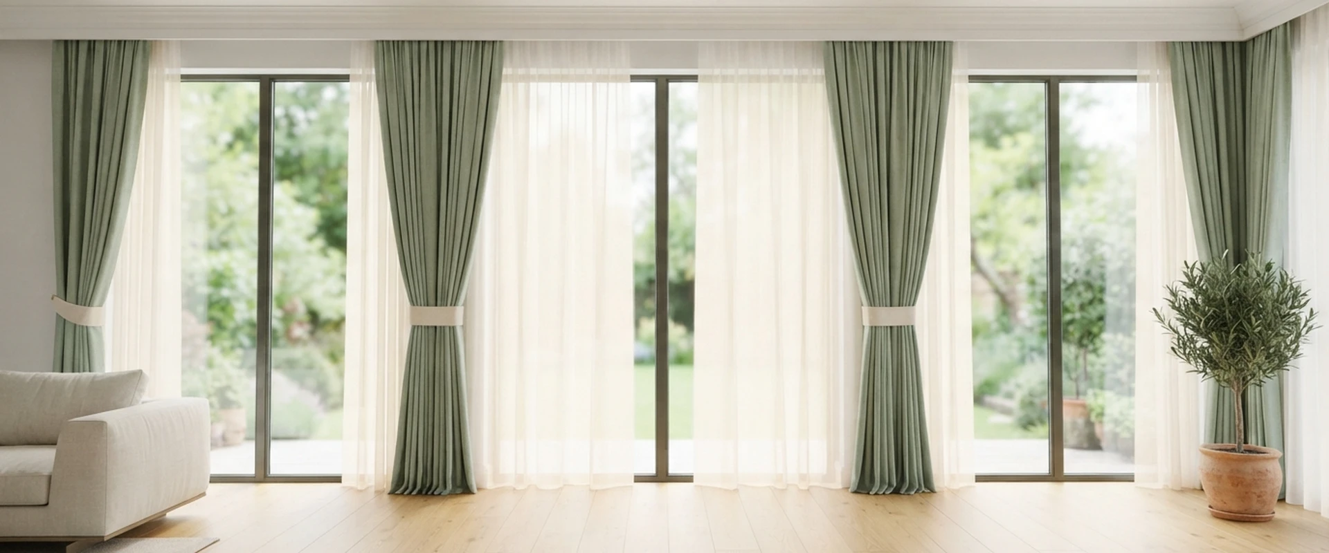 Curtain ideas with sage green curtains tied back with cream tiebacks between white sheers on a wall of tall garden windows
