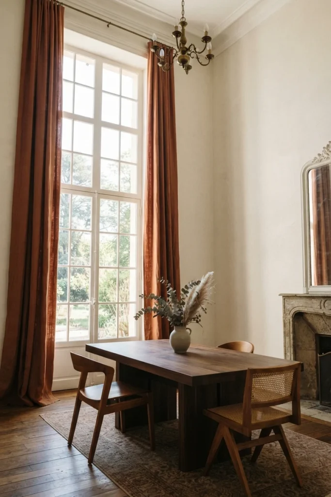 Dining room curtain colors in warm terracotta linen draping a tall window during golden afternoon light