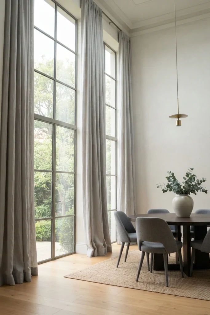 dining room curtain colors — floor-to-ceiling curtains emphasizing a tall dining room window