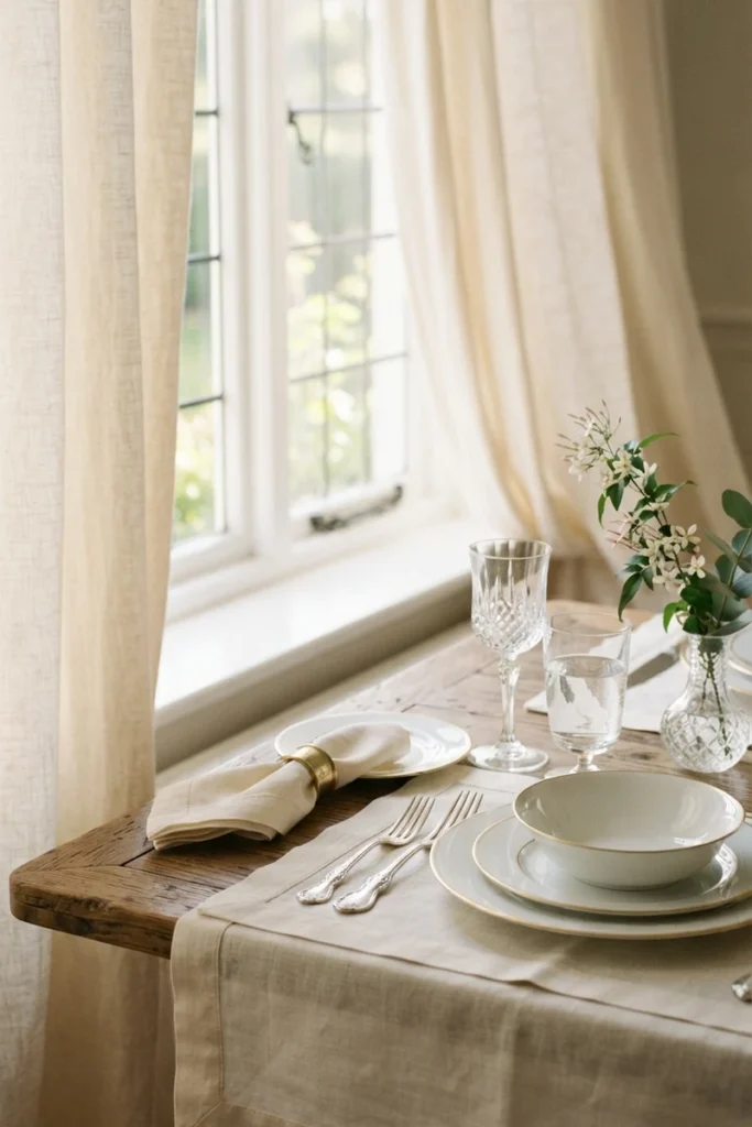 dining room curtain colors — soft curtains framing a table set with fine dishware