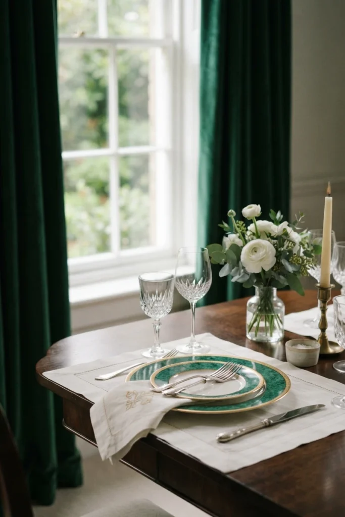 Dining room curtain colors framing an elegant table setting in deep emerald velvet with candlelight