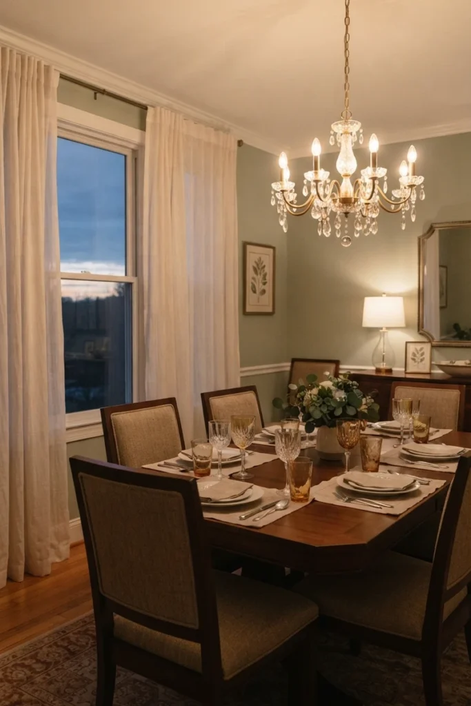 dining room curtain colors — sheer curtains glowing as the dining room transitions to evening