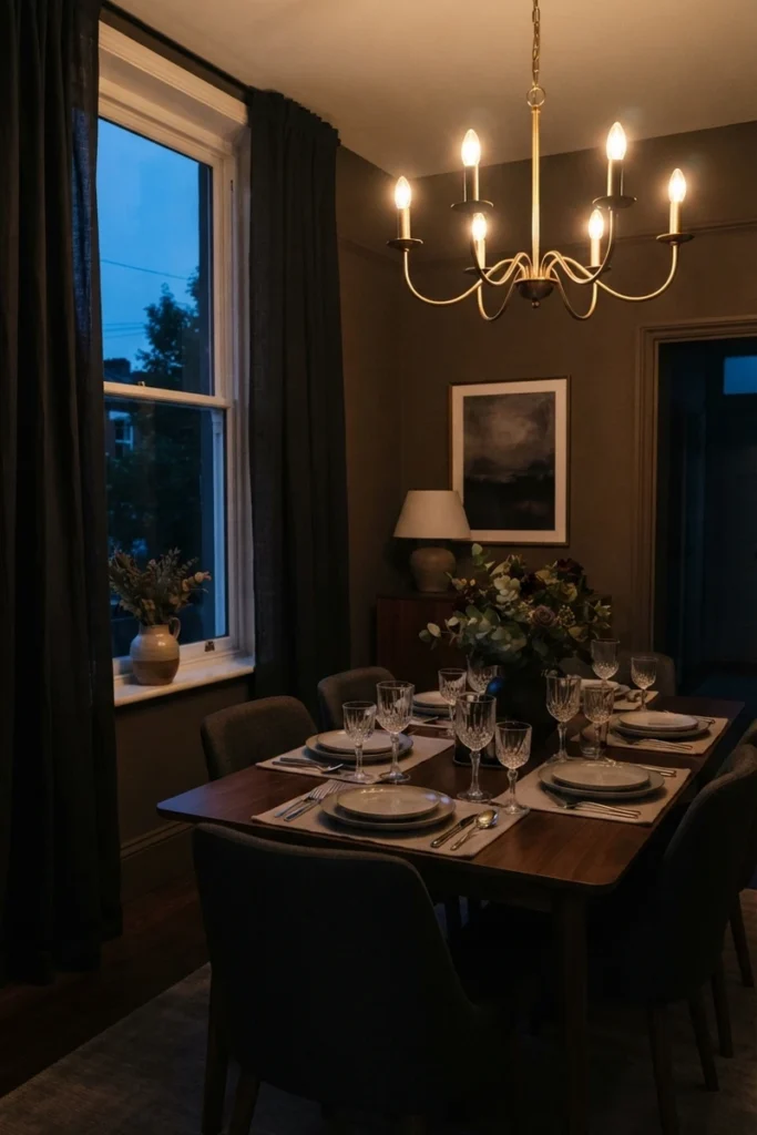 Dining room curtain colors in charcoal drapery setting a moody evening dinner scene under chandelier light