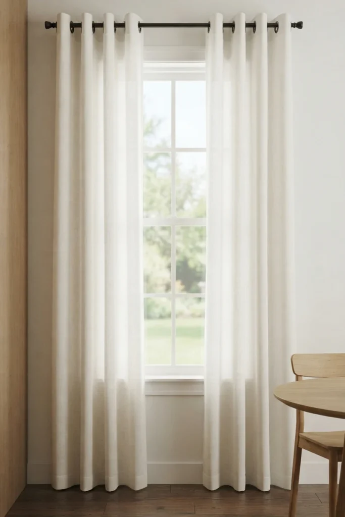 dining room curtain colors — warm white grommet curtains framing a dining room window