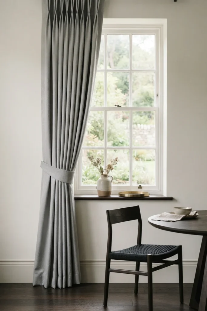 dining room curtain colors — soft gray pinch-pleat curtain gathered with a tieback