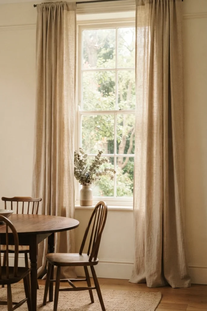 dining room curtain colors — beige linen curtains in a traditional dining room setting